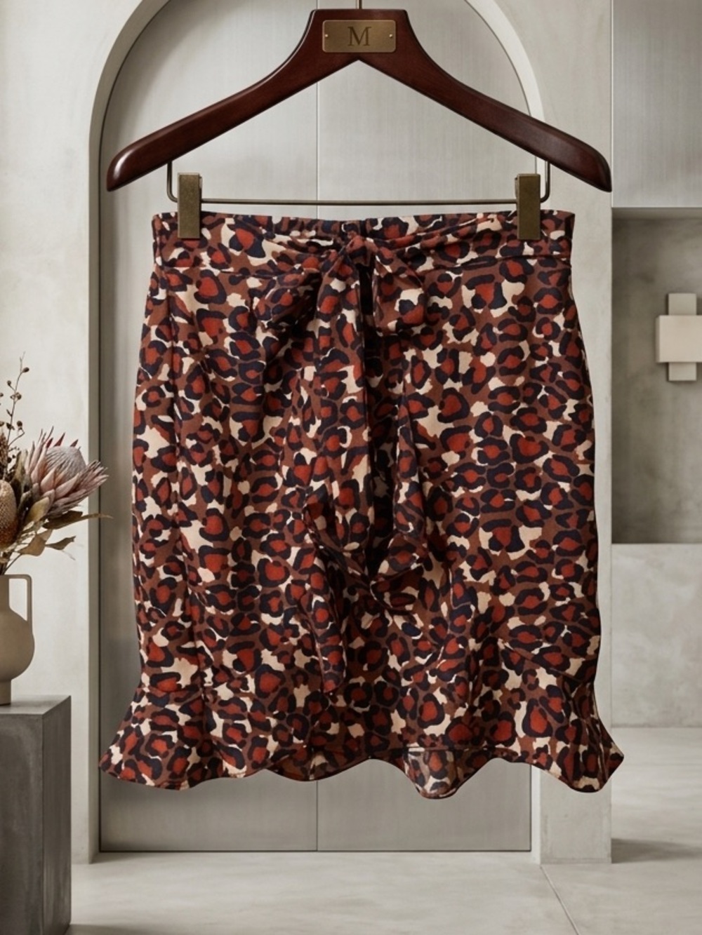Umgee Boho Rust Cheetah Print Ruffle Hem Skirt Size Medium